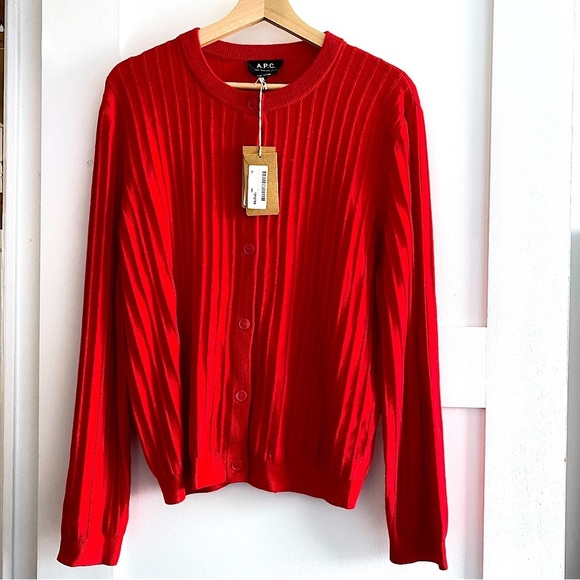 BNWT APC 🍒 cardigan 100% wool ribbed cardigan POP OF RED - Picture 1 of 5
